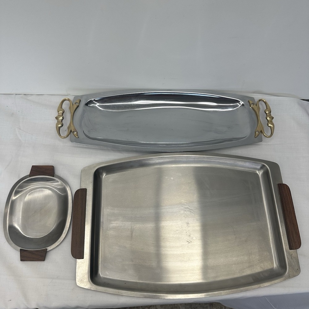 Lot Of 3 Vintage MCM Serving Trays Kromex Silver Chrome Gold/Wood Handles